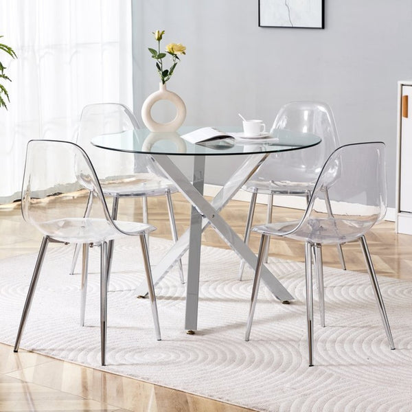 English Elm Table and Chair Set Round Tempered Glass Top with Silver X Base for Modern Dining W1151S04426