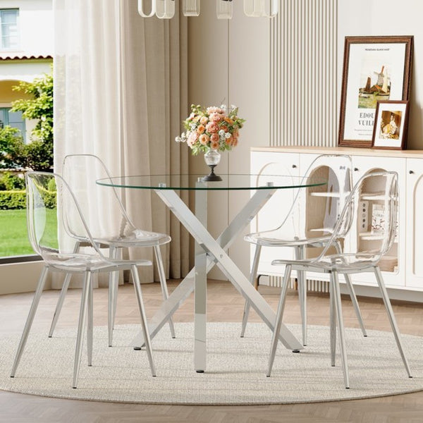 English Elm Table and Chair Set Round Tempered Glass Top with Silver X Base for Modern Dining W1151S04426