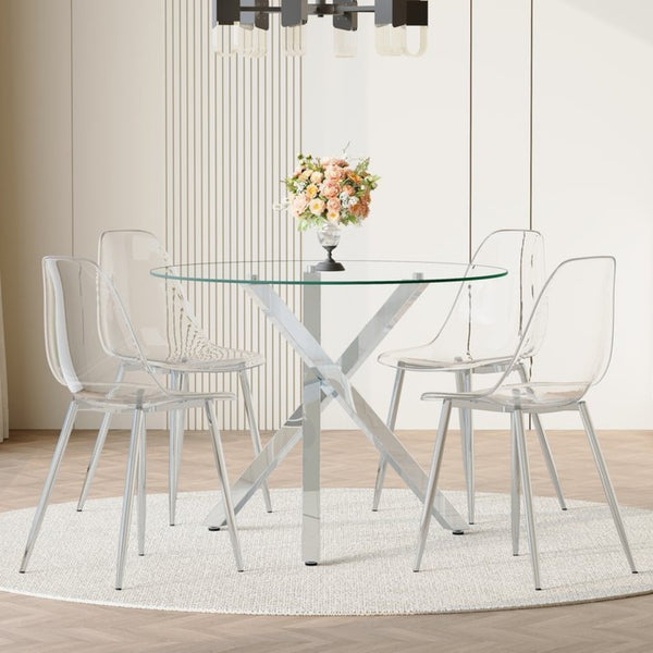 English Elm Table and Chair Set Round Tempered Glass Top with Silver X Base for Modern Dining W1151S04426