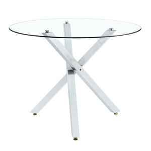 English Elm Table and Chair Set Round Tempered Glass Top with Silver X Base for Modern Dining W1151S04426