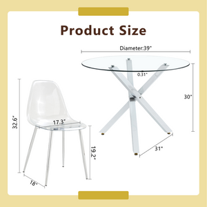 English Elm Table and Chair Set Round Tempered Glass Top with Silver X Base for Modern Dining W1151S04426