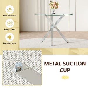 English Elm Table and Chair Set Round Tempered Glass Top with Silver X Base for Modern Dining W1151S04426