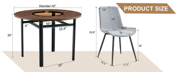 English Elm Table and Chair Set 42 Inch Round MDF Wood Grain Dining with Linen Seat Cushions Brown+Black, Light Gray W1151S04485