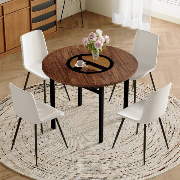English Elm Table and Chair Set 42 Inch Round Dining with Glass Inlay and Four White PU Seats W1151S04487