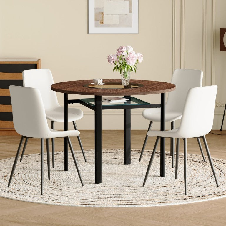 English Elm Table and Chair Set 42 Inch Round Dining with Glass Inlay and Four White PU Seats W1151S04487