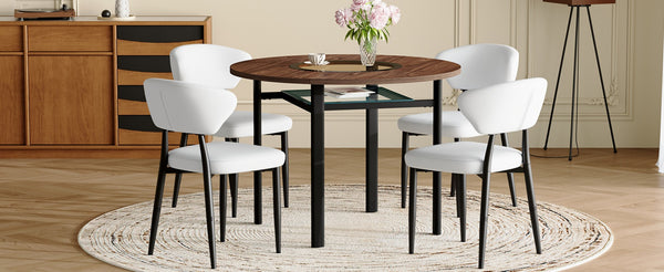 English Elm Table and Chair Set 42 Inch Round Mdf Dining with Tempered Glass and Ergonomic Seats Brown White W1151S04501