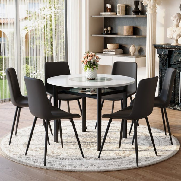 English Elm Table and Chair Set 42 Inch Round Mdf Dining with Glass Inlay and Six Pu Seats White + Black W1151S04503