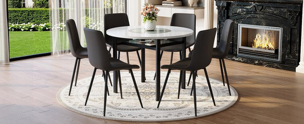 English Elm Table and Chair Set 42 Inch Round Mdf Dining with Glass Inlay and Six Pu Seats White + Black W1151S04503