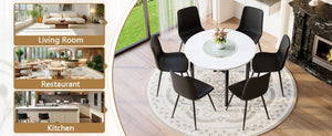 English Elm Table and Chair Set 42 Inch Round Mdf Dining with Glass Inlay and Six Pu Seats White + Black W1151S04503