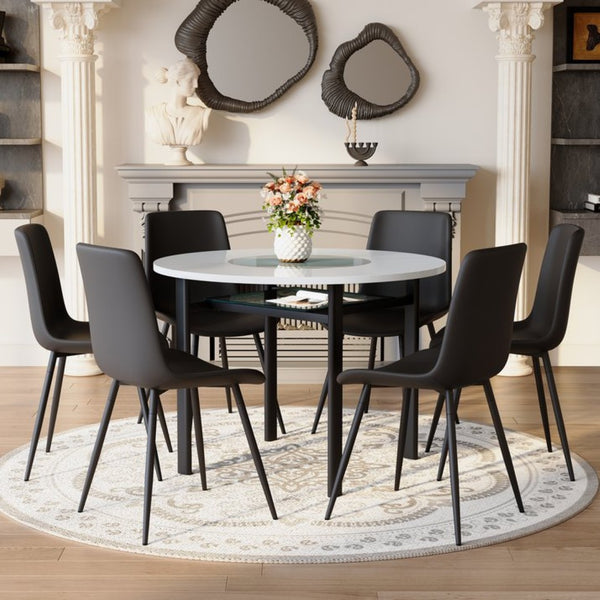 English Elm Table and Chair Set 42 Inch Round Mdf Dining with Glass Inlay and Six Pu Seats White + Black W1151S04503