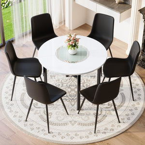 English Elm Table and Chair Set 42 Inch Round Mdf Dining with Glass Inlay and Six Pu Seats White + Black W1151S04503
