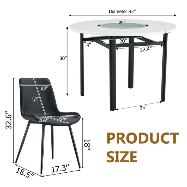 English Elm Table and Chair Set 42 Inch Round Mdf Dining with Glass Inlay and Six Pu Seats White + Black W1151S04503