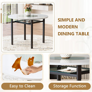 English Elm Table and Chair Set 42 Inch Round Mdf Dining with Glass Inlay and Six Pu Seats White + Black W1151S04503