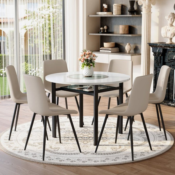 English Elm Table and Chair Set 42 Inch Round Mdf Dining with Glass Inlay and Six Pu Seats White + Light Gray W1151S04505