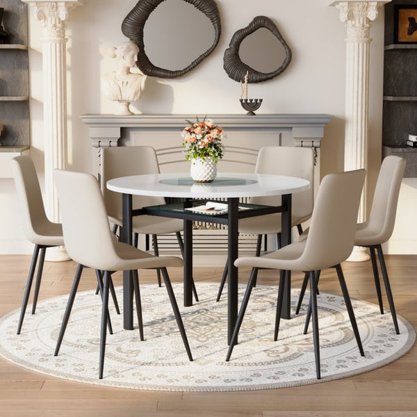 English Elm Table and Chair Set 42 Inch Round Mdf Dining with Glass Inlay and Six Pu Seats White + Light Gray W1151S04505