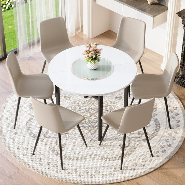 English Elm Table and Chair Set 42 Inch Round Mdf Dining with Glass Inlay and Six Pu Seats White + Light Gray W1151S04505