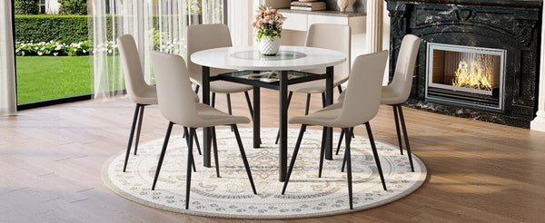 English Elm Table and Chair Set 42 Inch Round Mdf Dining with Glass Inlay and Six Pu Seats White + Light Gray W1151S04505