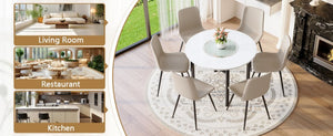 English Elm Table and Chair Set 42 Inch Round Mdf Dining with Glass Inlay and Six Pu Seats White + Light Gray W1151S04505
