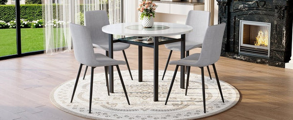 English Elm Table and Chair Set 42 Inch Round MDF Wood Grain Dining with Linen Seat Cushions Light Gray, White+Black W1151S04506
