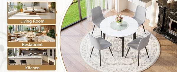 English Elm Table and Chair Set 42 Inch Round MDF Wood Grain Dining with Linen Seat Cushions Light Gray, White+Black W1151S04506