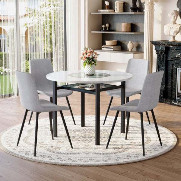 English Elm Table and Chair Set 42 Inch Round MDF Wood Grain Dining with Linen Seat Cushions Light Gray, White+Black W1151S04506