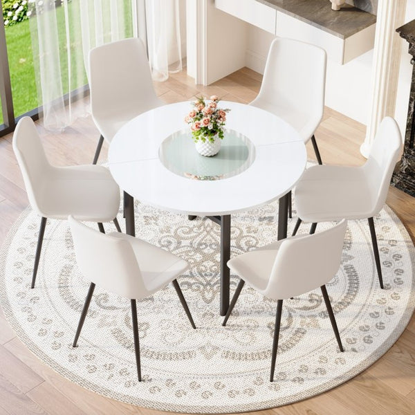 English Elm Table and Chair Set 42 Inch Round Mdf Dining with Glass Inlay and Six Pu Seats W1151S04509