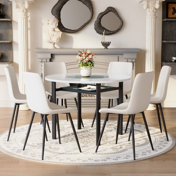 English Elm Table and Chair Set 42 Inch Round Mdf Dining with Glass Inlay and Six Pu Seats W1151S04509