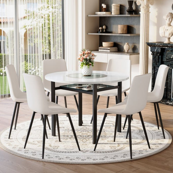 English Elm Table and Chair Set 42 Inch Round Mdf Dining with Glass Inlay and Six Pu Seats W1151S04509