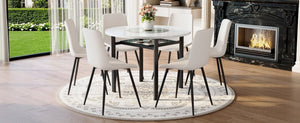English Elm Table and Chair Set 42 Inch Round Mdf Dining with Glass Inlay and Six Pu Seats W1151S04509