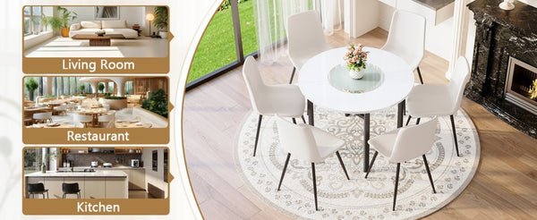English Elm Table and Chair Set 42 Inch Round Mdf Dining with Glass Inlay and Six Pu Seats W1151S04509