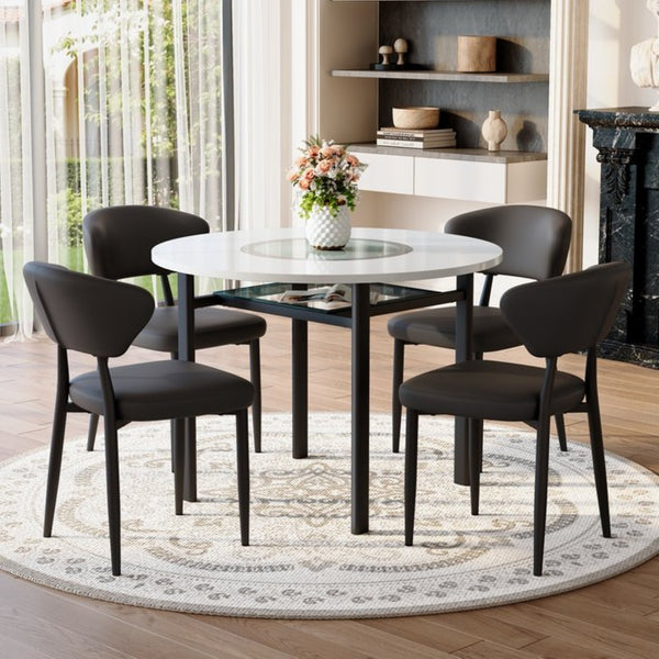 English Elm Table and Chair Set 42 Inch Round Mdf Dining with Tempered Glass and Ergonomic Seats White Black W1151S04514