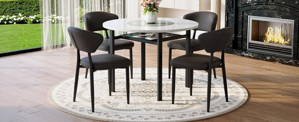 English Elm Table and Chair Set 42 Inch Round Mdf Dining with Tempered Glass and Ergonomic Seats White Black W1151S04514