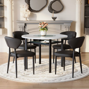 English Elm Table and Chair Set 42 Inch Round Mdf Dining with Tempered Glass and Ergonomic Seats White Black W1151S04514