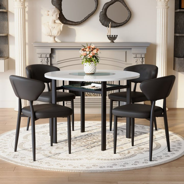 English Elm Table and Chair Set 42 Inch Round Mdf Dining with Tempered Glass and Ergonomic Seats White Black W1151S04514