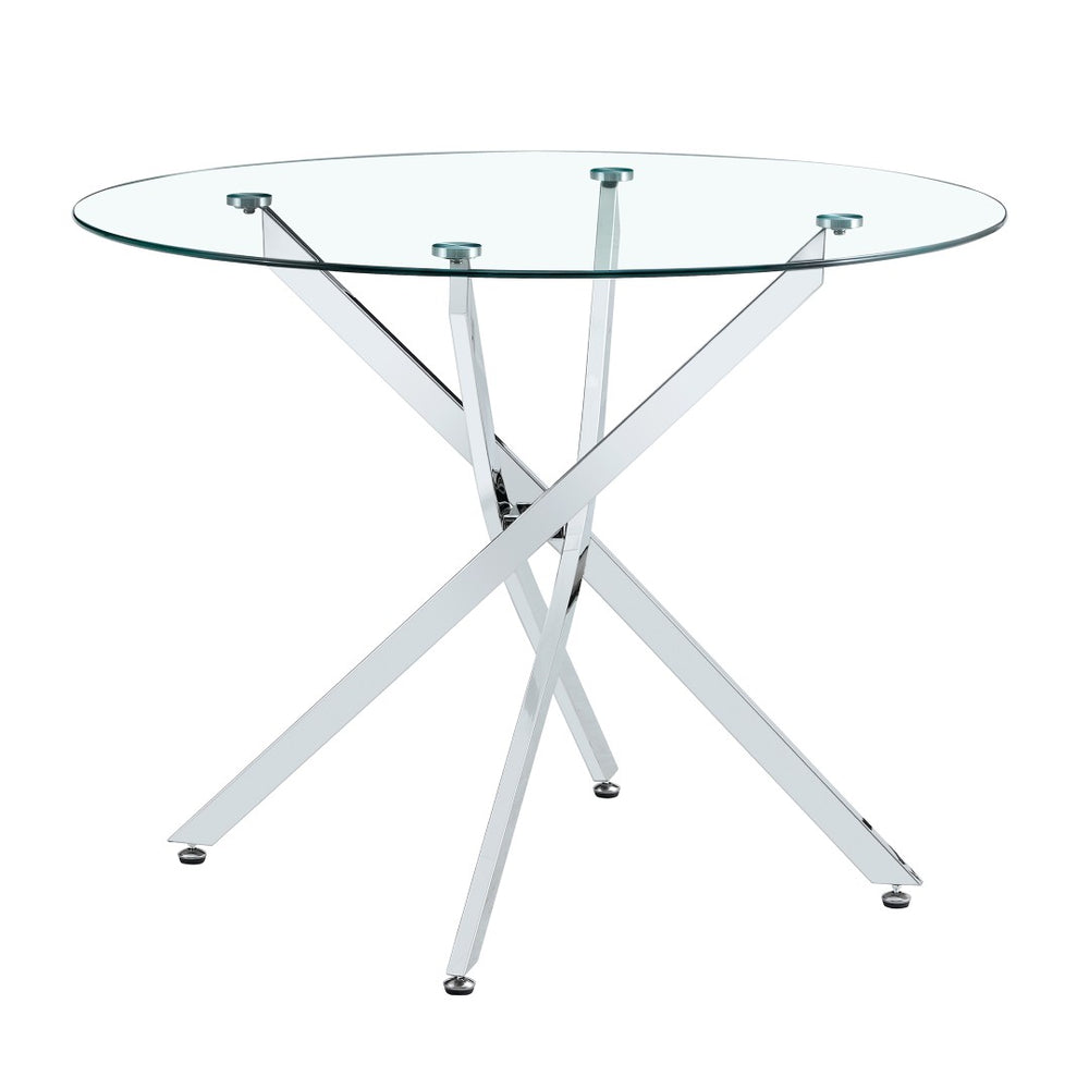English Elm Round Tempered Glass Dining Table with X Base Seats Four Modern Minimalist Kitchen W1151S04519