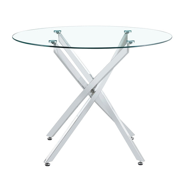 English Elm Round Tempered Glass Dining Table with X Base Seats Four Modern Minimalist Kitchen W1151S04519