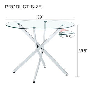 English Elm Round Tempered Glass Dining Table with X Base Seats Four Modern Minimalist Kitchen W1151S04519