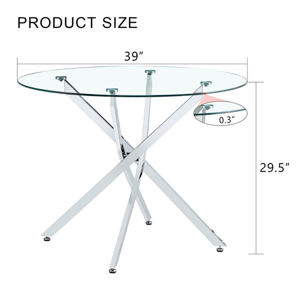 English Elm Round Tempered Glass Dining Table with X Base Seats Four Modern Minimalist Kitchen W1151S04519