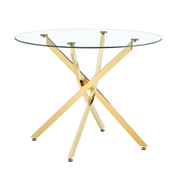 English Elm Round Tempered Glass Dining Table with Gold X Base Seats Four Modern Apartment W1151S04520