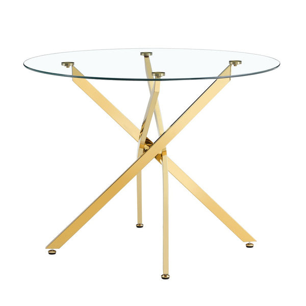 English Elm Round Tempered Glass Dining Table with Gold X Base Seats Four Modern Apartment W1151S04520
