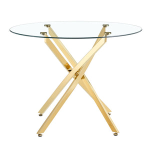 English Elm Round Tempered Glass Dining Table with Gold X Base Seats Four Modern Apartment W1151S04520