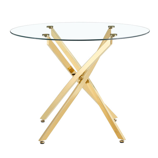 English Elm Round Tempered Glass Dining Table with Gold X Base Seats Four Modern Apartment W1151S04520