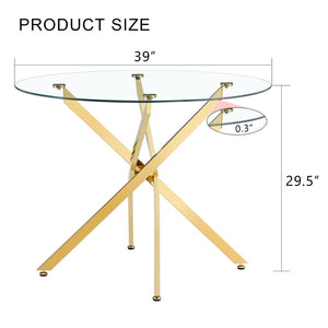 English Elm Round Tempered Glass Dining Table with Gold X Base Seats Four Modern Apartment W1151S04520