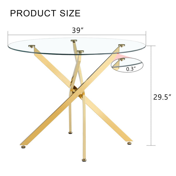 English Elm Round Tempered Glass Dining Table with Gold X Base Seats Four Modern Apartment W1151S04520