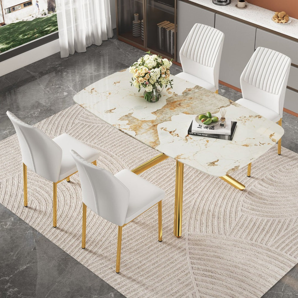 English Elm Table and Chair Set Marble Tempered Glass Top Gold Leg Glam Dining for Four W1151S04544