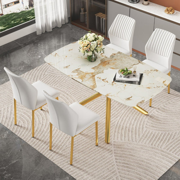 English Elm Table and Chair Set Marble Tempered Glass Top Gold Leg Glam Dining for Four W1151S04544