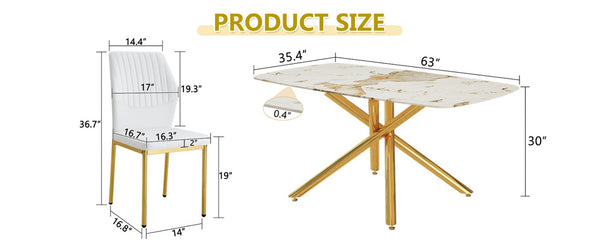 English Elm Table and Chair Set Marble Tempered Glass Top Gold Leg Glam Dining for Four W1151S04544