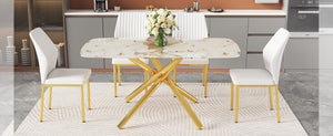 English Elm Table and Chair Set Marble Tempered Glass Top Gold Leg Glam Dining for Four W1151S04544
