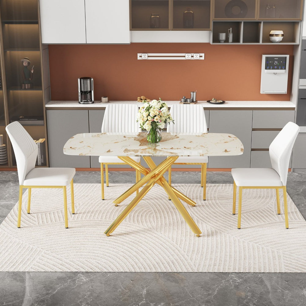 English Elm Table and Chair Set Marble Tempered Glass Top Gold Leg Glam Dining for Four W1151S04544