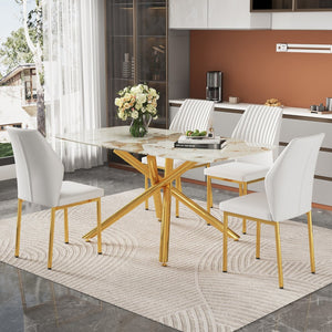 English Elm Table and Chair Set Marble Tempered Glass Top Gold Leg Glam Dining for Four W1151S04544